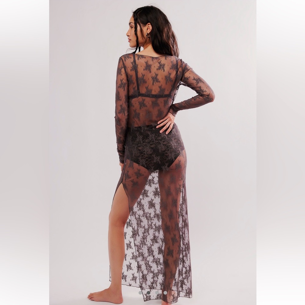 Free People Lux Maxi Slip Dress Mesh Lace Dark Grey Size M NWOT - Picture 9 of 11